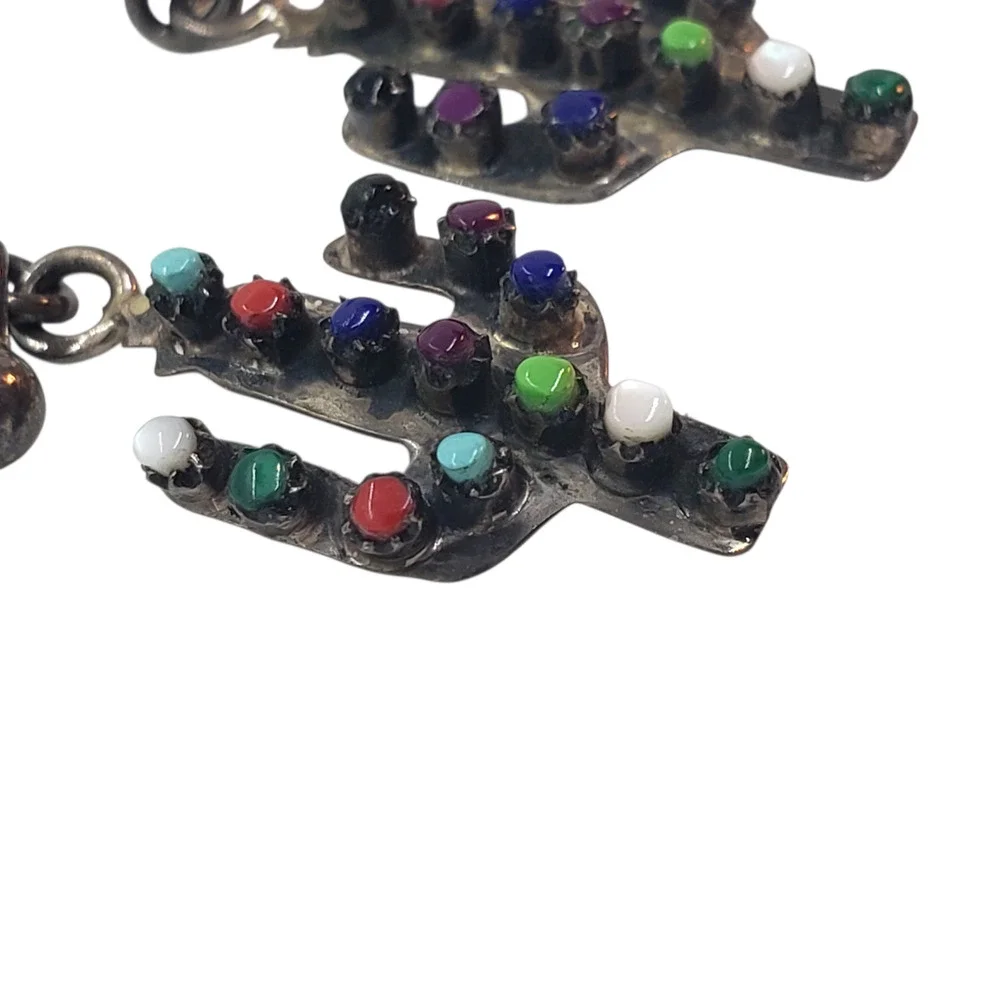 Vintage Sterling Silver Len Adakkai 925 Cactus Earrings Navajo Dangle Southwest